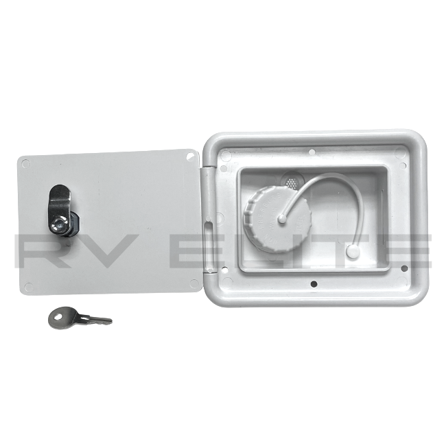 RV Water Fill Port w/ White Door & Lock 6.25" x 5" | For Class A Motorhomes & RVs - American Coach, Holiday Rambler, Fleetwood, Monaco Coach