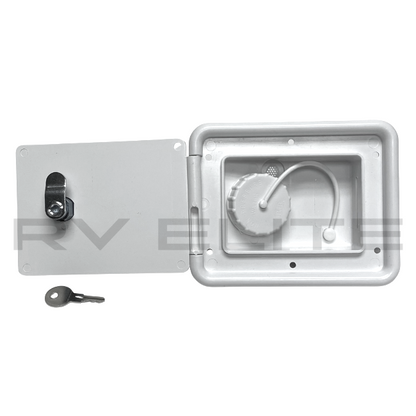 RV Water Fill Port w/ White Door & Lock 6.25" x 5" | For Class A Motorhomes & RVs - American Coach, Holiday Rambler, Fleetwood, Monaco Coach