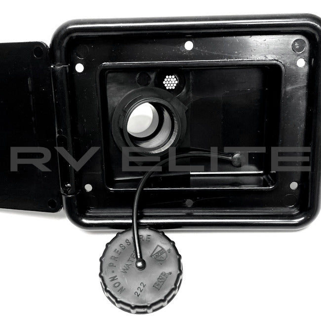 RV Water Fill Port w/ Black Door & Lock 6.25" x 5" | For Class A Motorhomes & RVs - American Coach, Holiday Rambler, Fleetwood, Monaco Coach