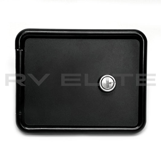 RV Water Fill Port w/ Black Door & Lock 6.25" x 5" | For Class A Motorhomes & RVs - American Coach, Holiday Rambler, Fleetwood, Monaco Coach