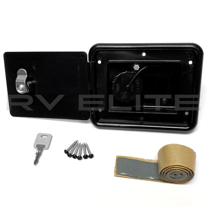 RV Water Fill Port w/ Black Door & Lock 6.25" x 5" | For Class A Motorhomes & RVs - American Coach, Holiday Rambler, Fleetwood, Monaco Coach